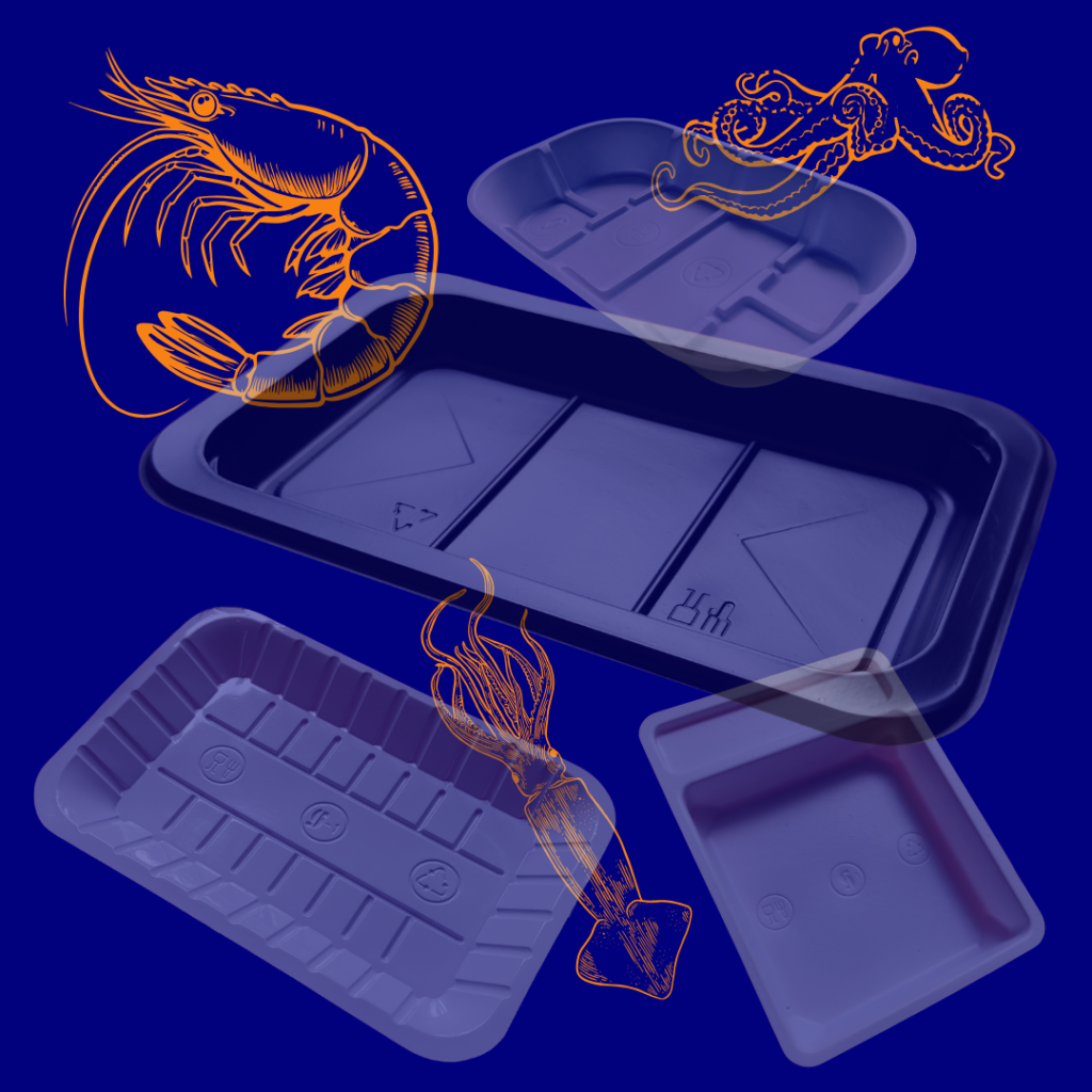 Seafood packaging trays with squid, shrimp, octopus